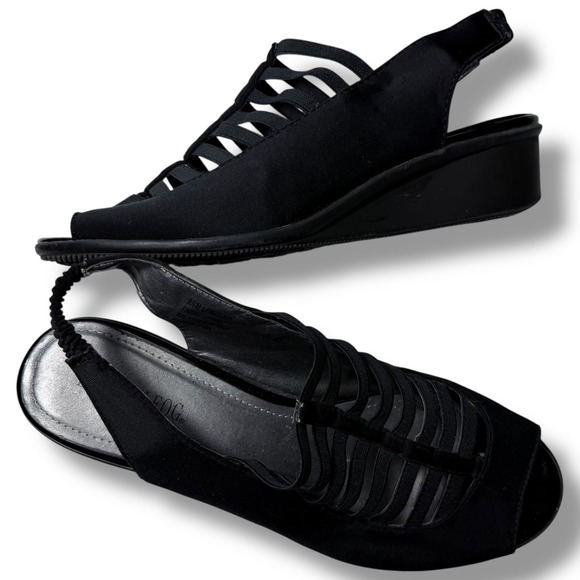 London Fog Shoes - EUC London Fog Womens Black Fabric Peep Toe Slingback Wedge Heel Sandals SZ 9.5